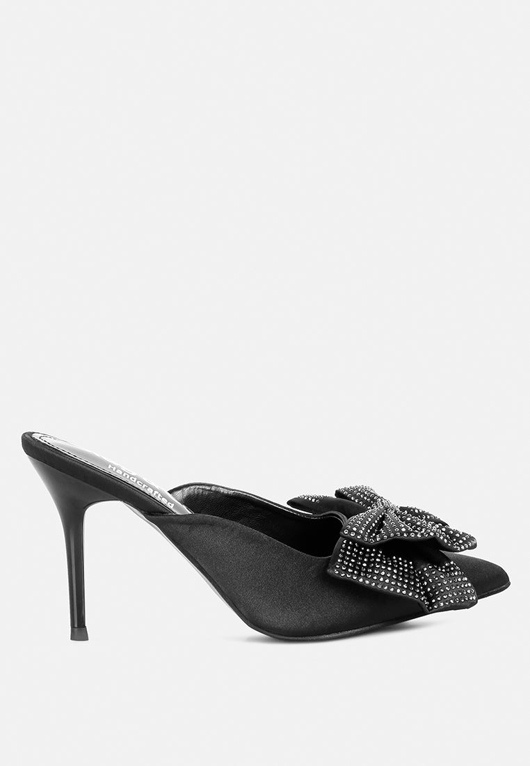 elisda black diamante bow heeled mules#color_black
