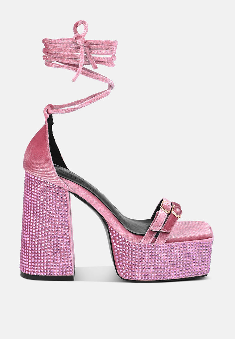 FIRECROWN Pink Rhinestone Platform High Block Sandals#color_pink