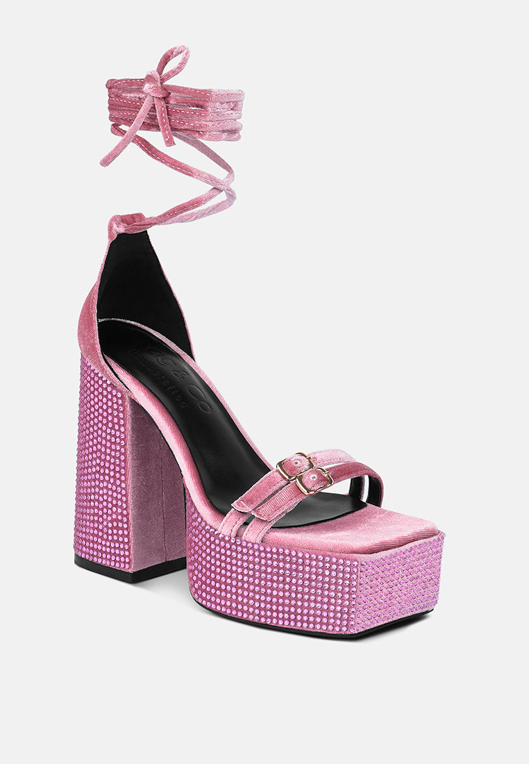 FIRECROWN Pink Rhinestone Platform High Block Sandals#color_pink
