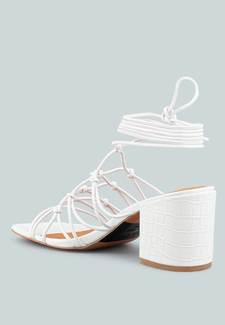 FONDA Croc Patterned White Handcrafted Lace Up Sandal_White