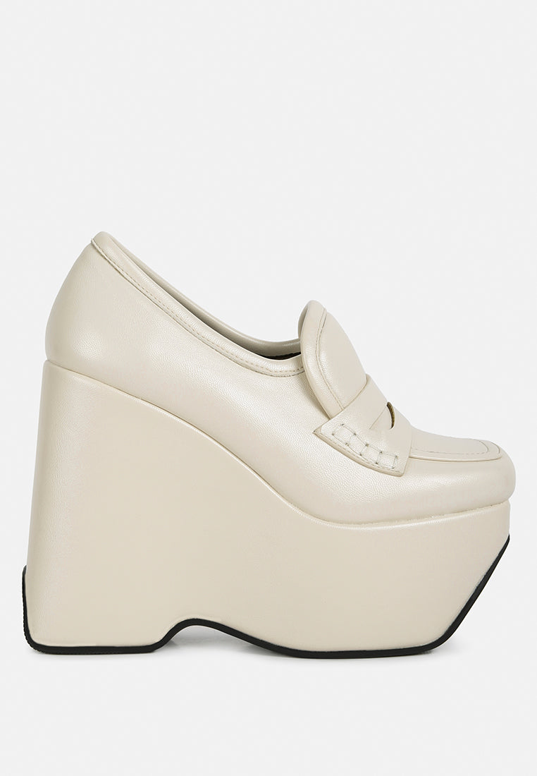 GILLIAM Beige High Platform Wedge Loafers#color_Beige