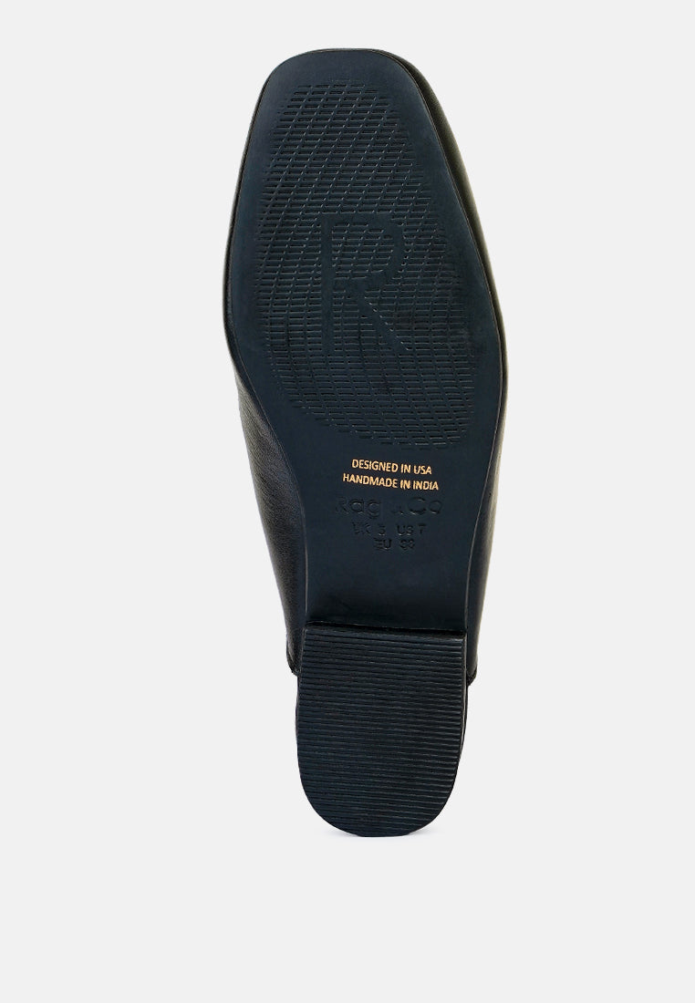 Honey Leather Metal Chain Mules in Black-Black