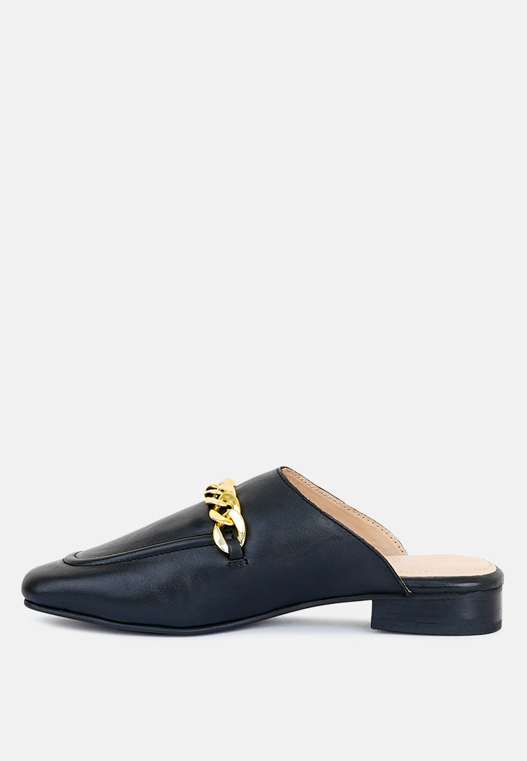 Honey Leather Metal Chain Mules in Black-Black