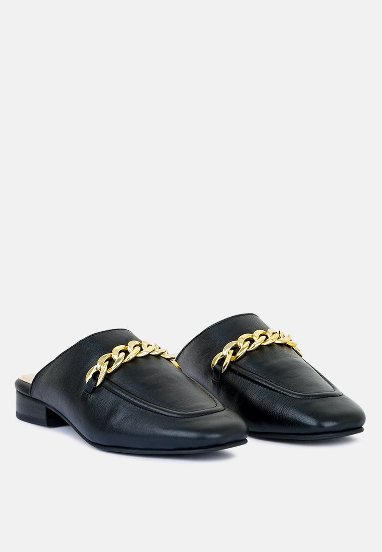 Honey Leather Metal Chain Mules in Black-Black