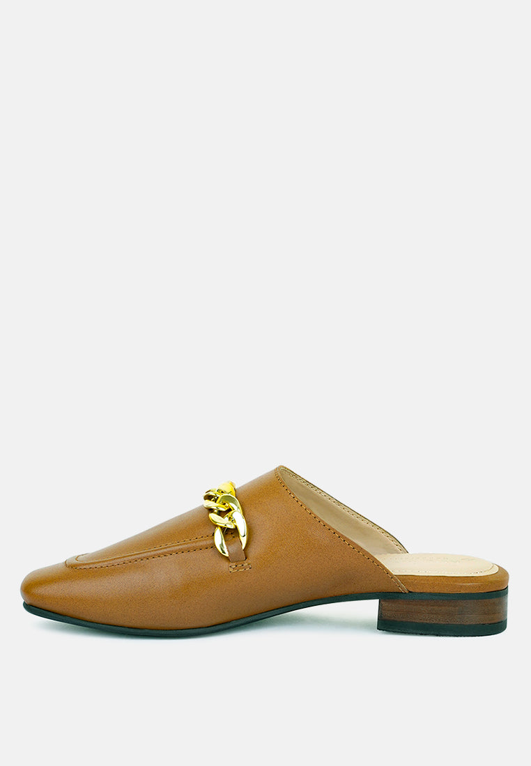 Honey Leather Metal Chain Mules in Tan-Tan
