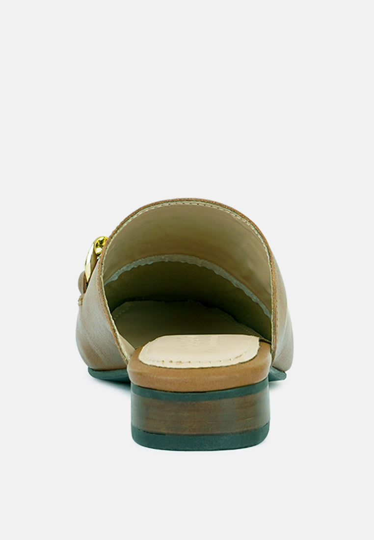 Honey Leather Metal Chain Mules in Tan-Tan
