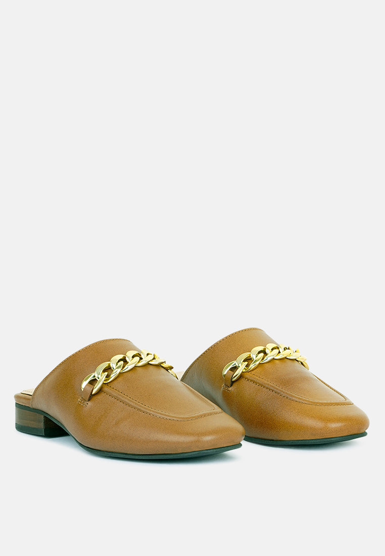 Honey Leather Metal Chain Mules in Tan-Tan