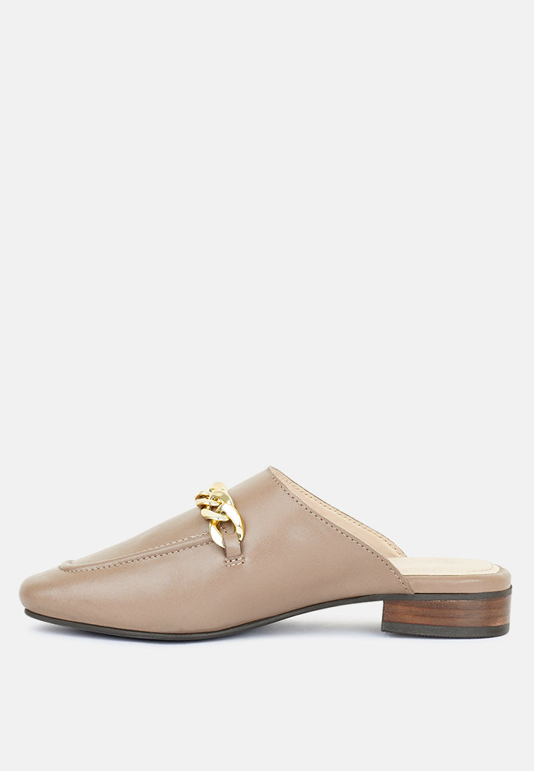 Honey Leather Metal Chain Mules in Taupe-Taupe