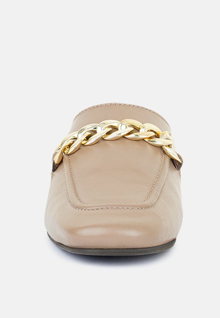 Honey Leather Metal Chain Mules in Taupe-Taupe