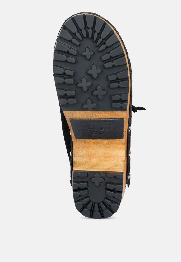 IROKO Black Suede Tie Detail Stud Clogs-Black