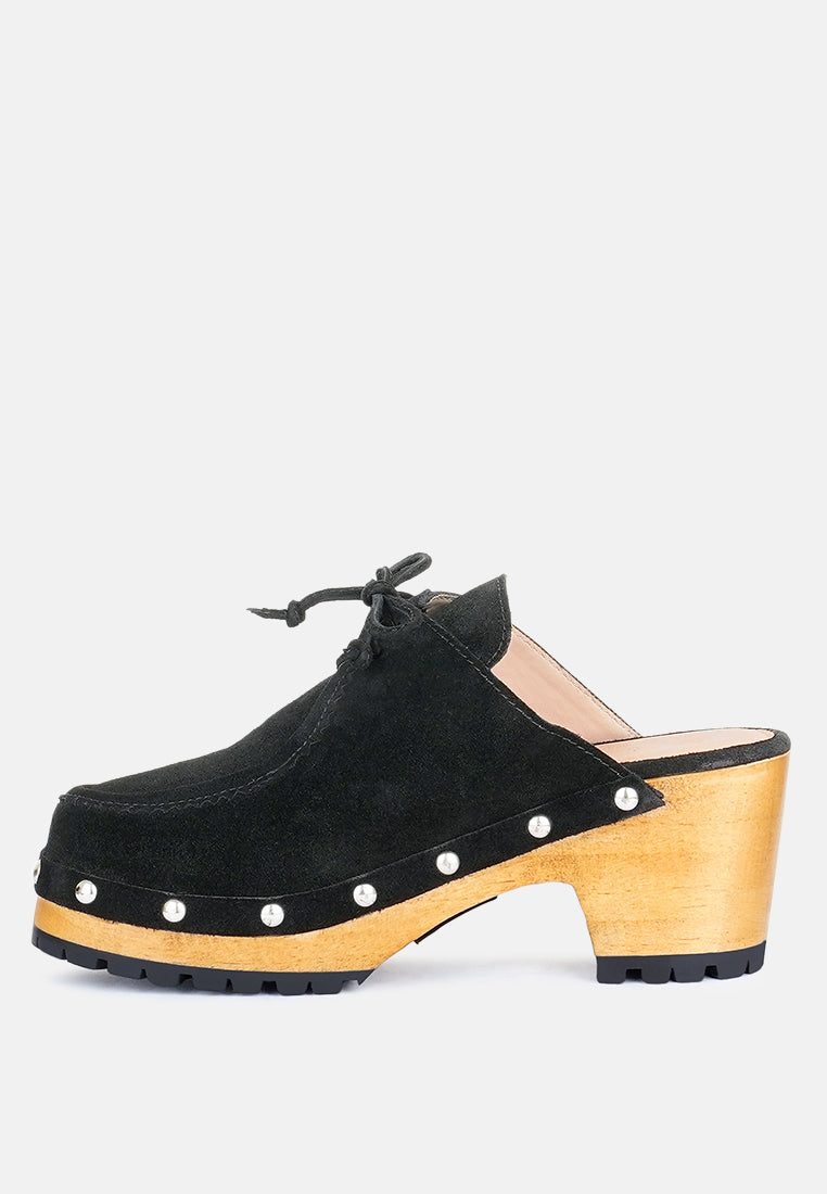 IROKO Black Suede Tie Detail Stud Clogs-Black