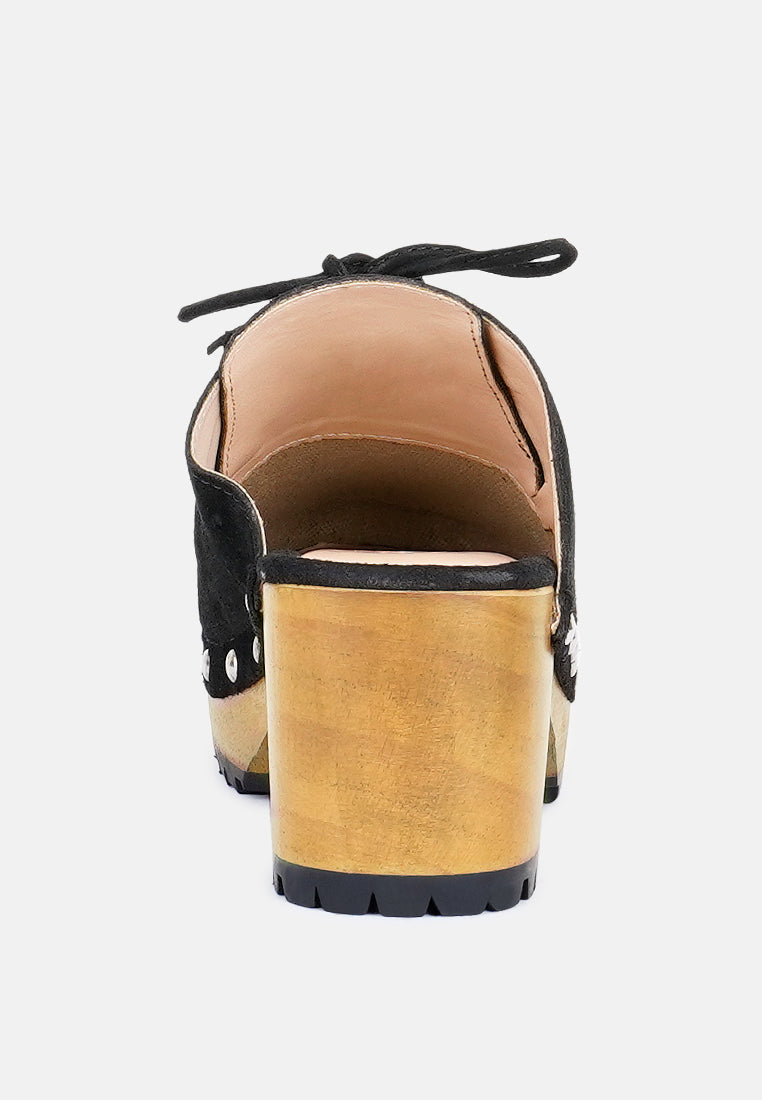 IROKO Black Suede Tie Detail Stud Clogs-Black