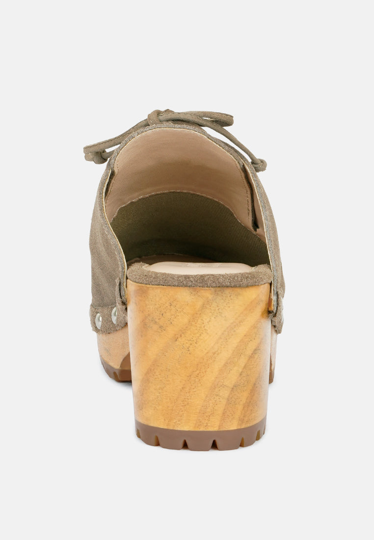 IROKO Taupe Suede Tie Detail Stud Clogs-Taupe