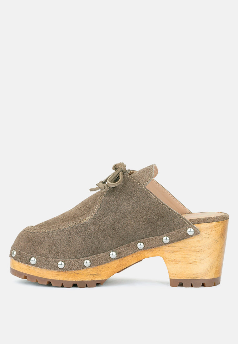 IROKO Taupe Suede Tie Detail Stud Clogs-Taupe