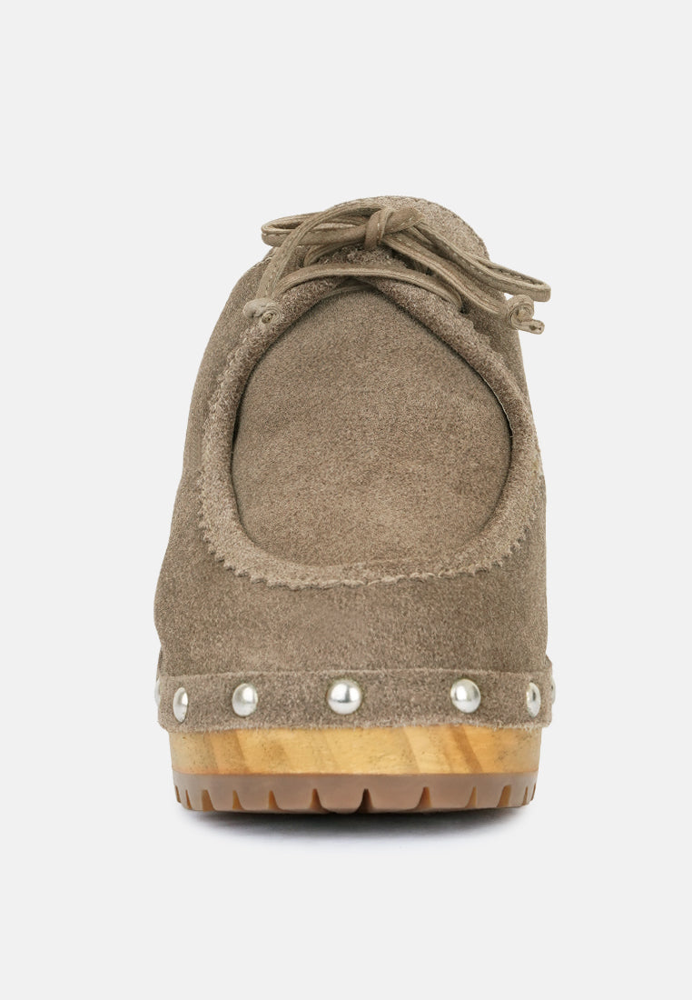 IROKO Taupe Suede Tie Detail Stud Clogs-Taupe