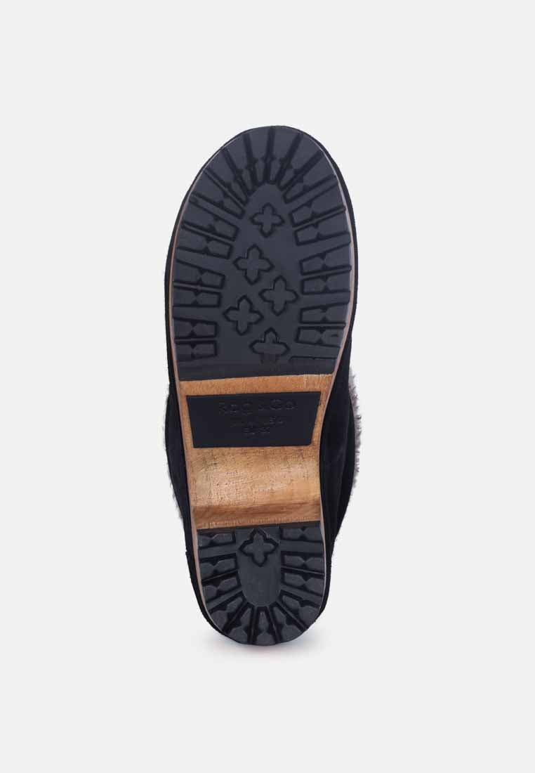 JUGLANS Fur Collared Ankle Clog Boots in Black#color_black