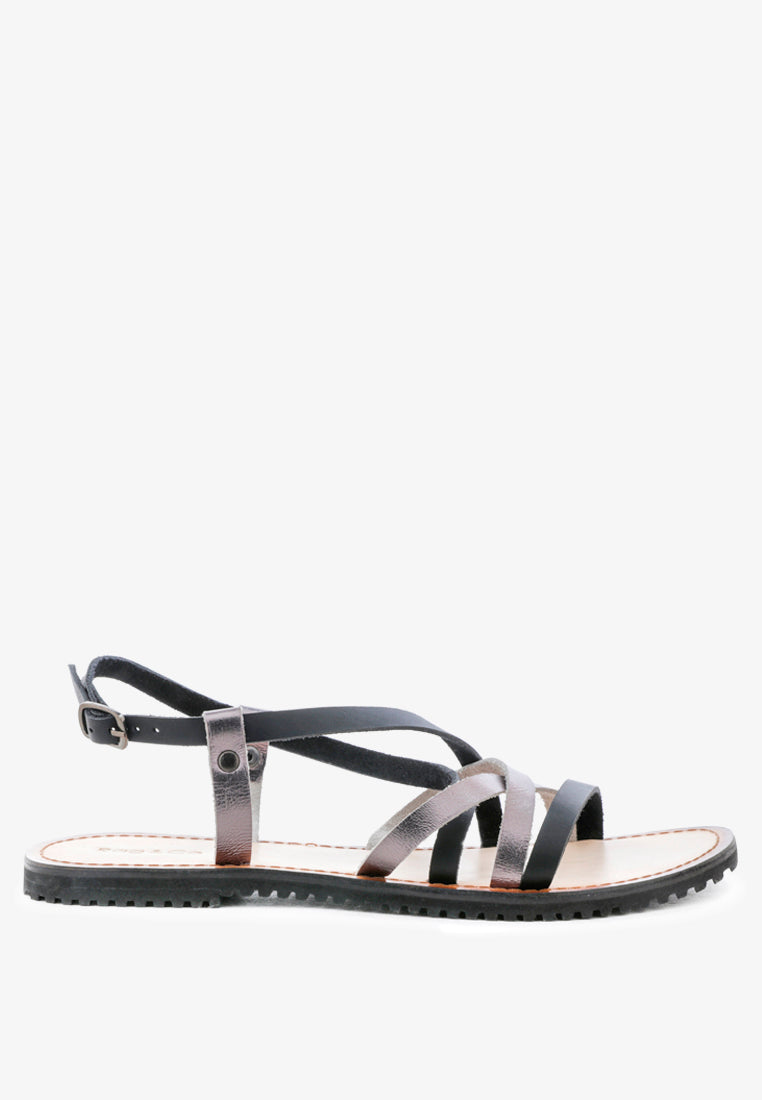 JUNE Black Strappy Flat Leather Sandals-Black