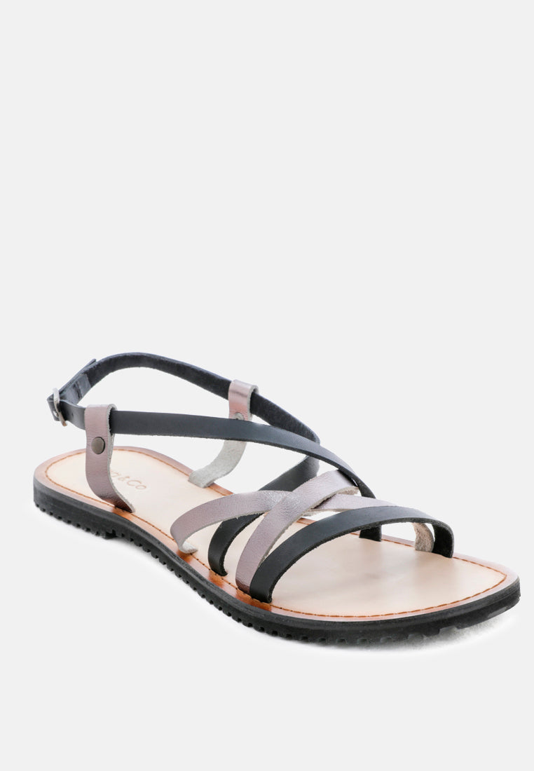 JUNE Black Strappy Flat Leather Sandals-Black
