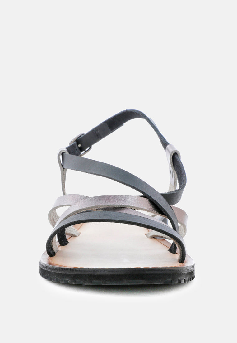 JUNE Black Strappy Flat Leather Sandals-Black