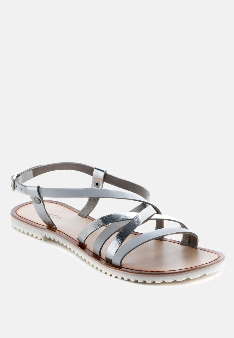 JUNE Silver Strappy Flat Leather Sandals-Silver