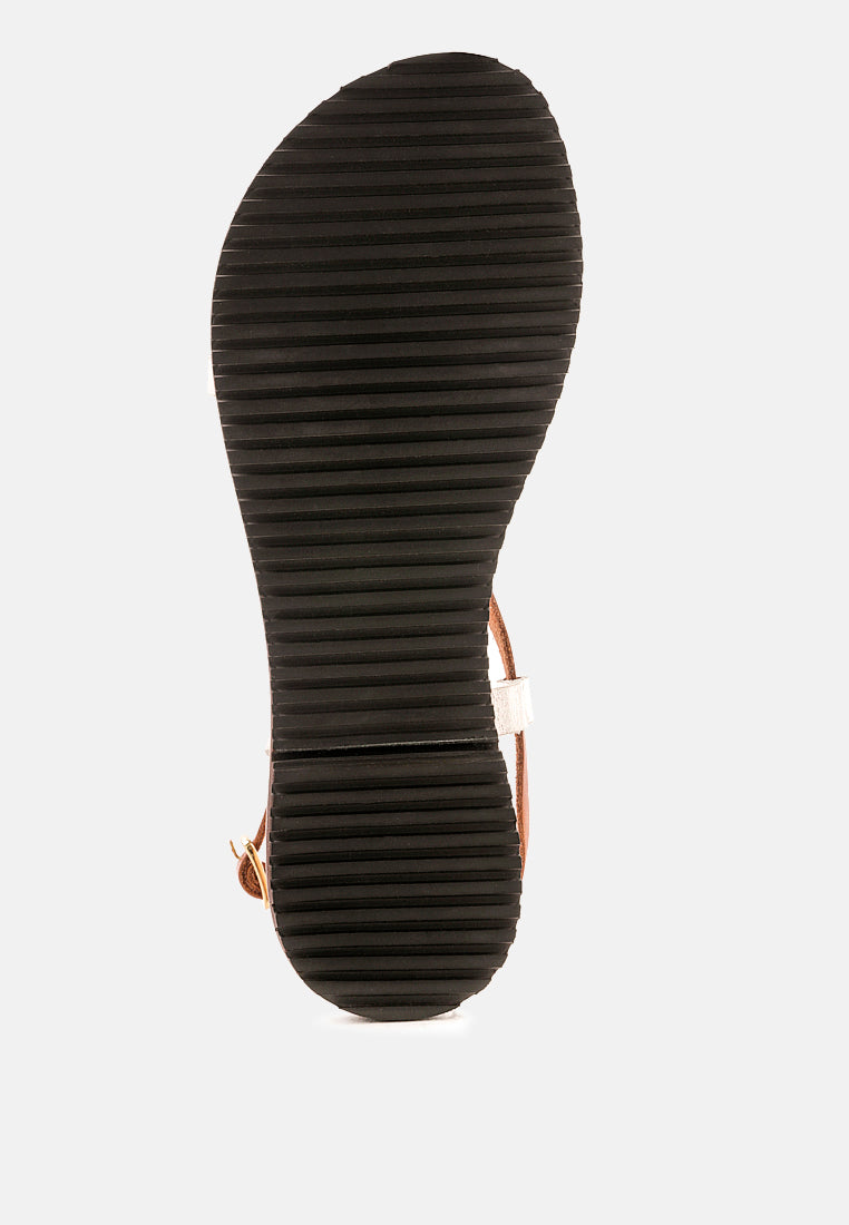 JUNE Tan Strappy Flat Leather Sandals-Tan