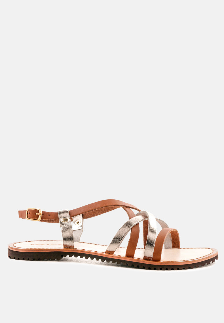 JUNE Tan Strappy Flat Leather Sandals-Tan