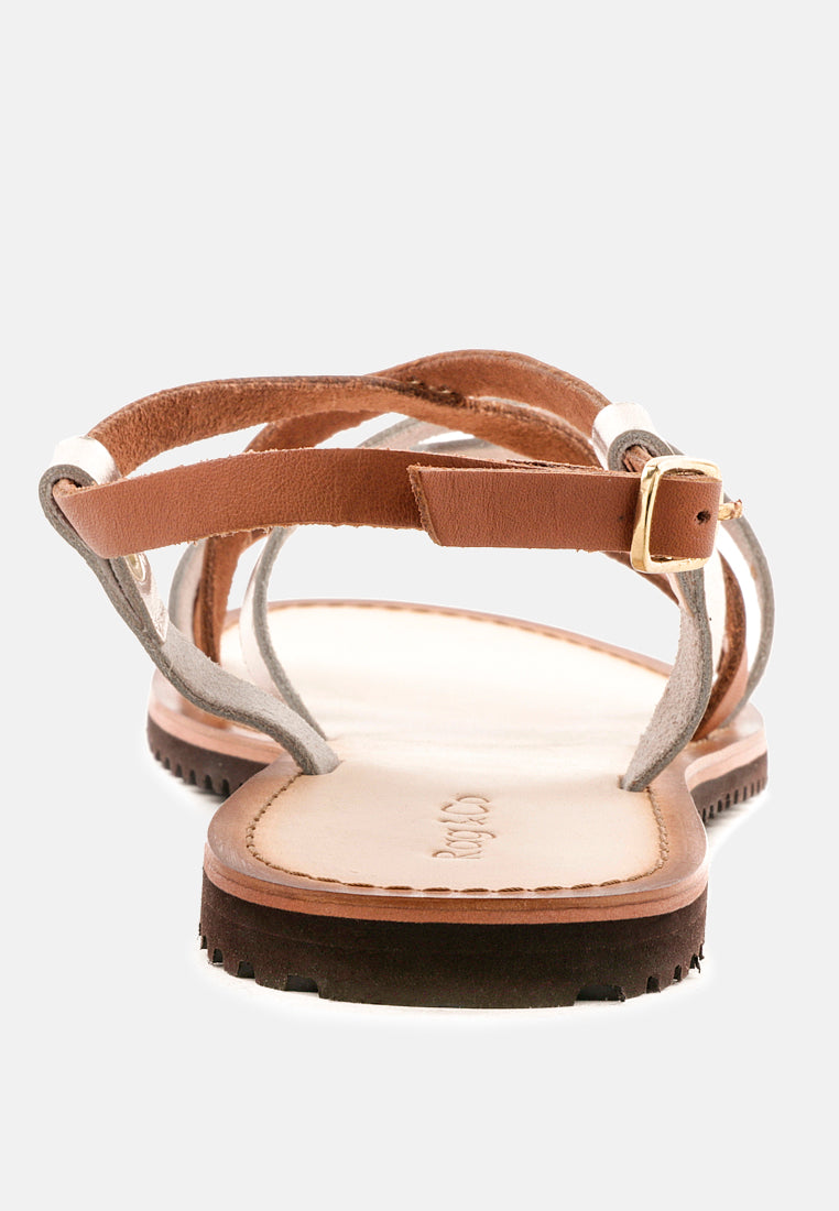 JUNE Tan Strappy Flat Leather Sandals-Tan