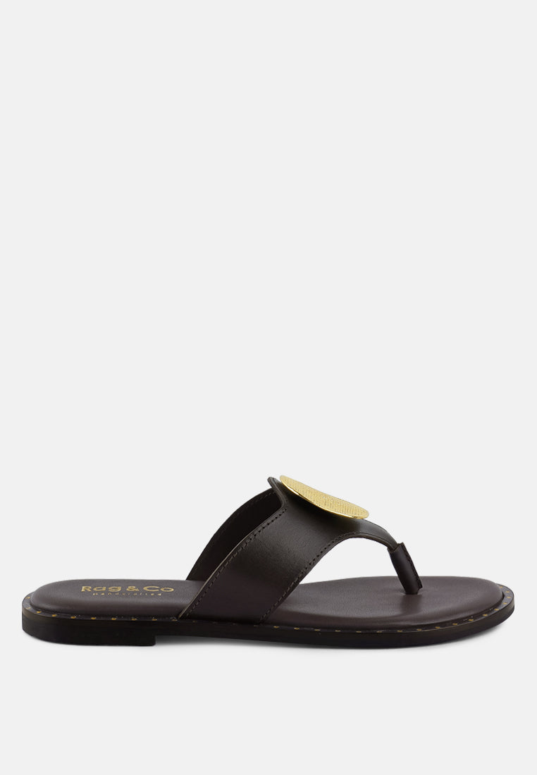 KATHLEEN Embellished Brown Slip-on Thong Sandals#color_brown