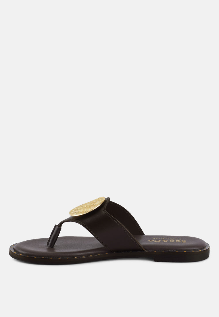 KATHLEEN Embellished Brown Slip-on Thong Sandals#color_brown