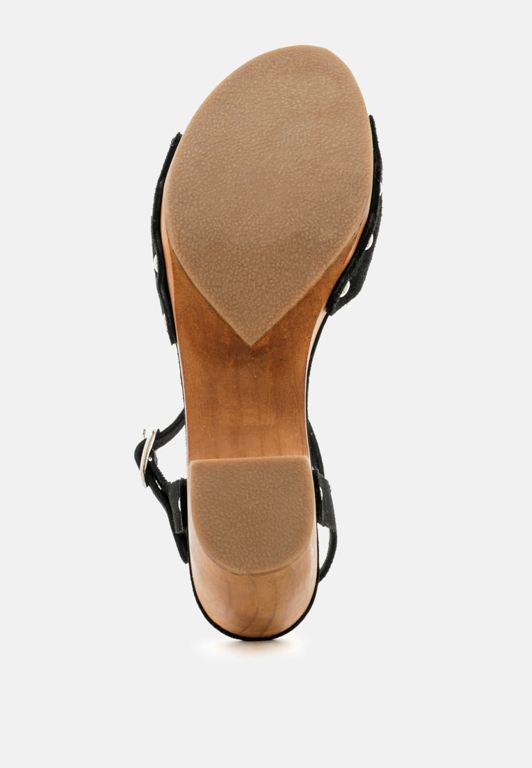 LIONA Black Studded Suede Wooden Clogs-Black