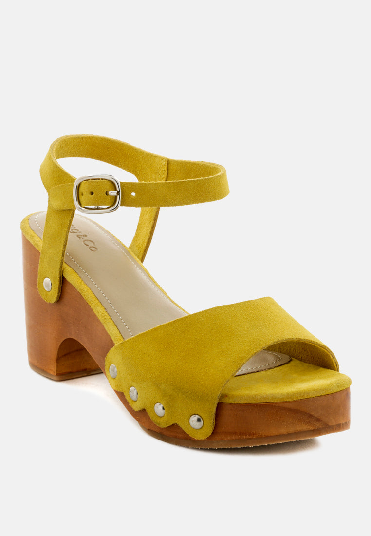 LIONA Mustard Studded Suede Wooden Clogs-Mustard