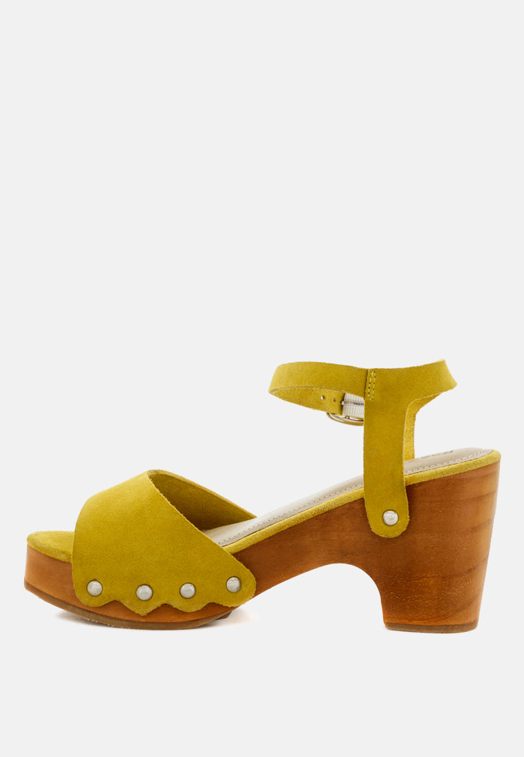 LIONA Mustard Studded Suede Wooden Clogs-Mustard