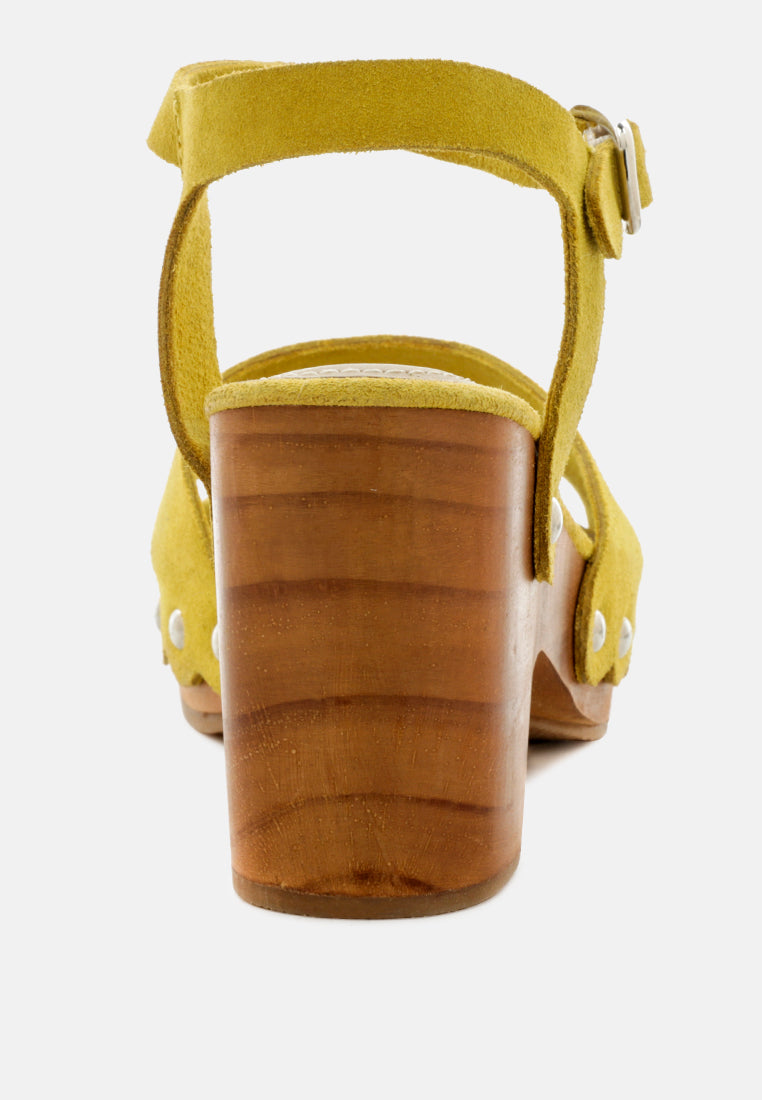 LIONA Mustard Studded Suede Wooden Clogs-Mustard