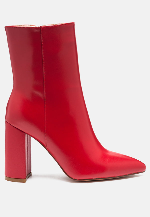MARGEN Ankle High Pointed Toe Block Heeled Boot in Red-RED
