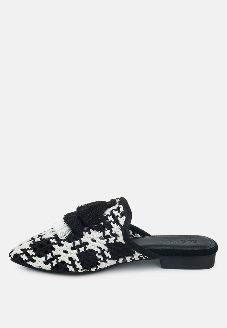 MARIANA Black Woven Flat Mules With Tassels-Black