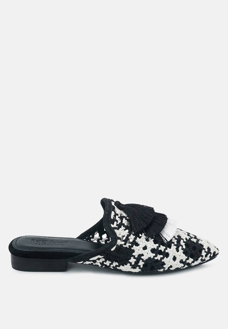 MARIANA Black Woven Flat Mules With Tassels-Black