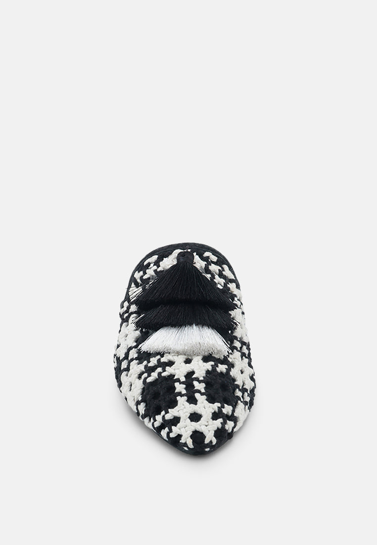 MARIANA Black Woven Flat Mules With Tassels-Black