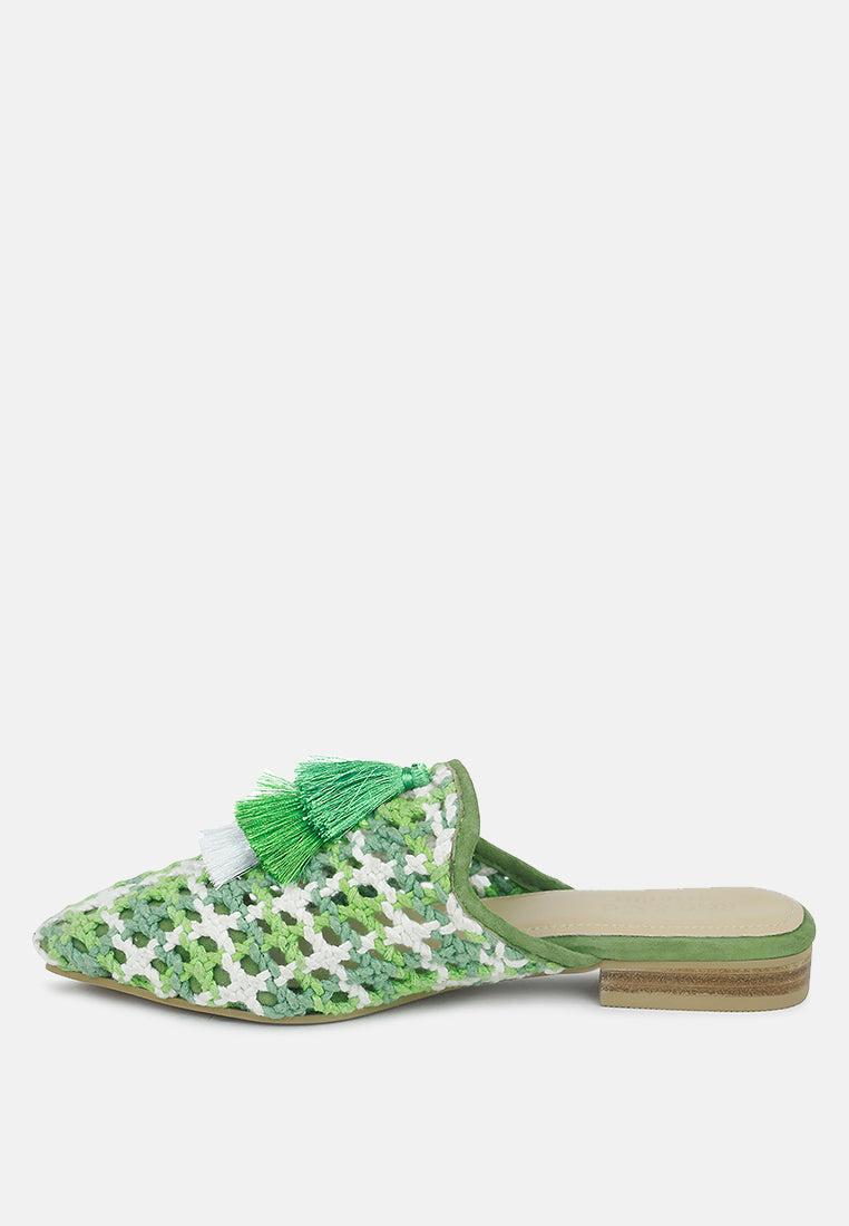 MARIANA Green Woven Flat Mules With Tassels-Green