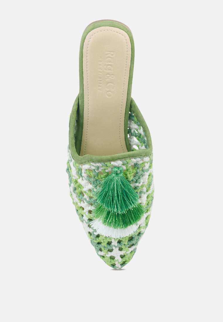 MARIANA Green Woven Flat Mules With Tassels-Green