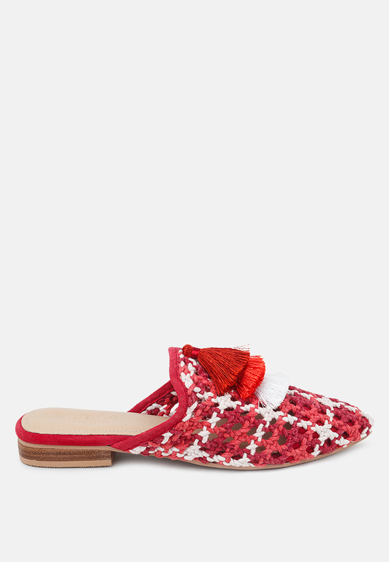MARIANA Red Woven Flat Mules With Tassels-Red