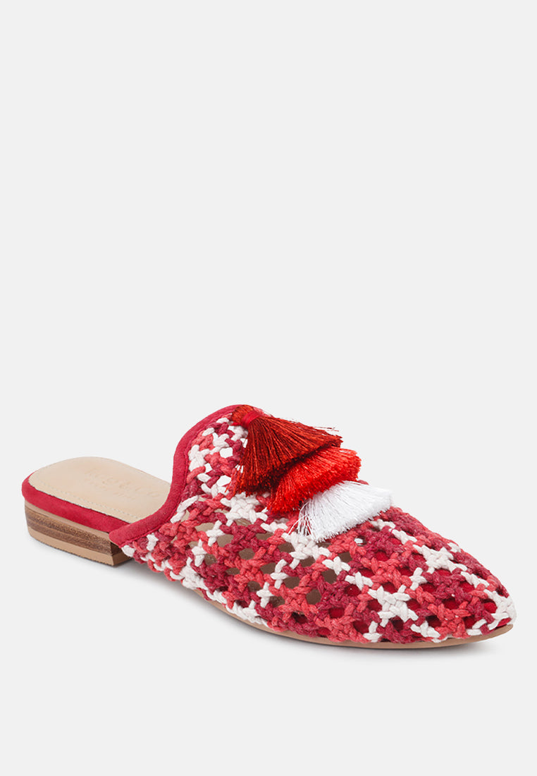 MARIANA Red Woven Flat Mules With Tassels-Red