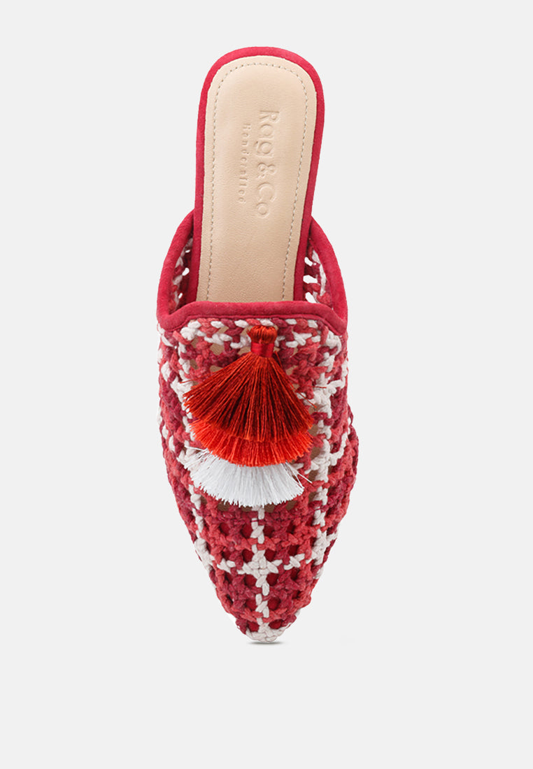MARIANA Red Woven Flat Mules With Tassels-Red