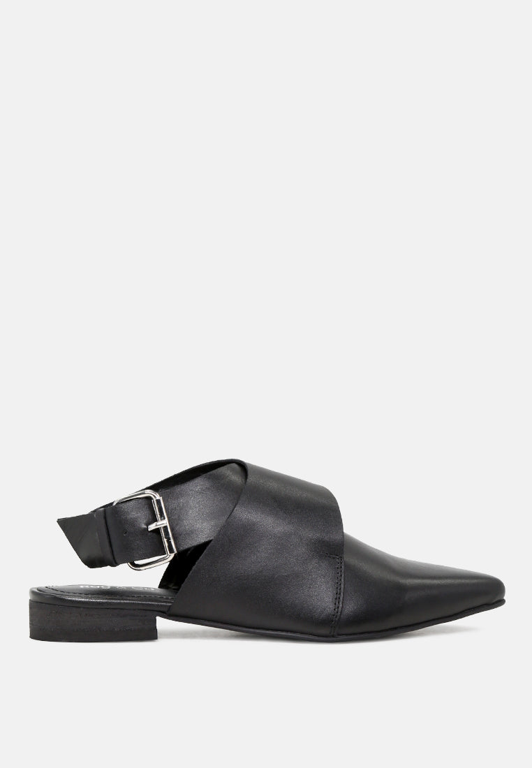 MARIKO Black Leather Mules With Buckle Closure-Black