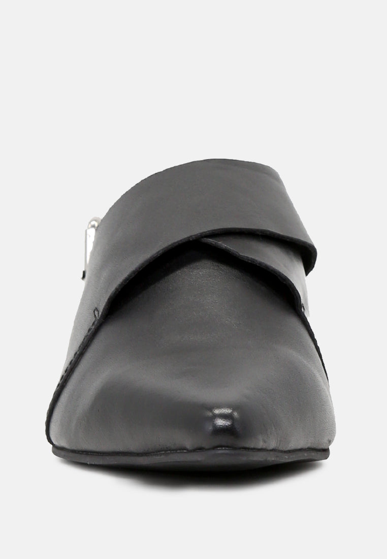 MARIKO Black Leather Mules With Buckle Closure-Black