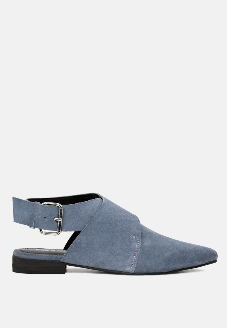 MARIKO Blue Leather Mules With Buckle Closure-Blue