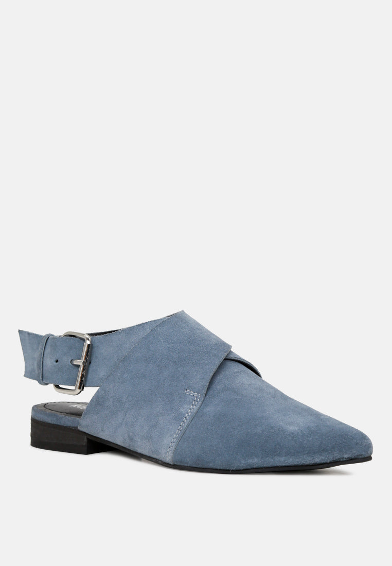 MARIKO Blue Leather Mules With Buckle Closure-Blue