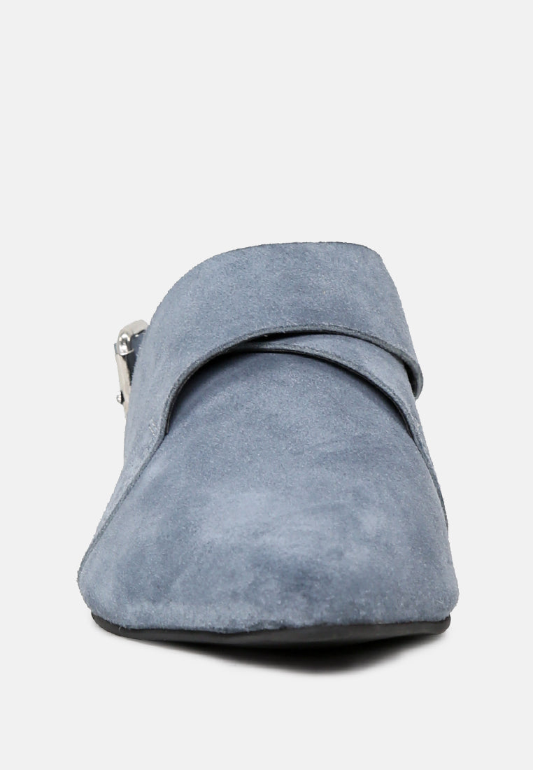 MARIKO Blue Leather Mules With Buckle Closure-Blue