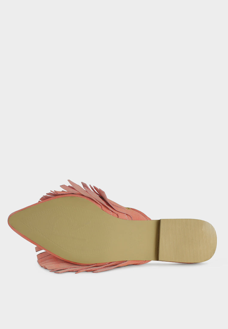 MARISSA Pink Marissa Suede Fringe Mules-Pink