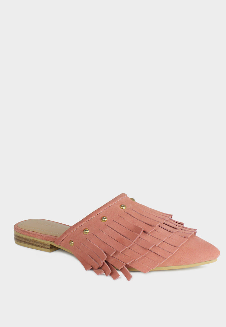 MARISSA Pink Marissa Suede Fringe Mules-Pink