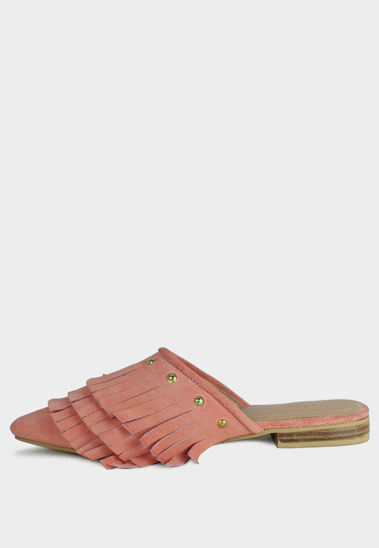 MARISSA Pink Marissa Suede Fringe Mules-Pink